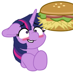 Size: 1024x1024 | Tagged: safe, artist:dammitjanuary, artist:drakizora, artist:zlobnypony, edit, imported from derpibooru, twilight sparkle, pony, blushing, burger, floppy ears, food, hay burger, simple background, solo, that pony sure does love burgers, twilight burgkle, white background