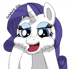 Size: 1588x1536 | Tagged: safe, artist:darkyboode32, derpibooru exclusive, imported from derpibooru, rarity, pony, unicorn, bust, cute, eyelashes, eyeshadow, female, makeup, mare, open mouth, raribetes, simple background, smiling, solo, squishy cheeks, traditional art, white background