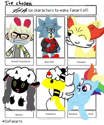 Size: 1004x1200 | Tagged: safe, artist:pokefan192, imported from derpibooru, rainbow dash, anthro, bear, fennekin, human, pegasus, pony, wooloo, six fanarts, animal crossing, anthro with ponies, bust, clothes, crossover, eyes closed, face mask, female, glasses, male, mare, mask, mega ampharos, older, older rainbow dash, open mouth, pokémon, rick and morty, rick sanchez, robes, sandals, smiling, villager