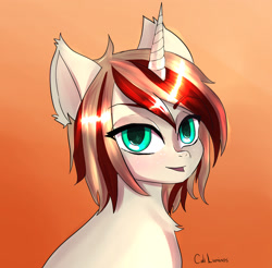 Size: 1842x1813 | Tagged: safe, artist:cali luminos, imported from derpibooru, oc, oc only, oc:blazing bullet, oc:firing bullet, pony, unicorn, androgynous, androgynous male, brown mane, chest fluff, colored pupils, cute, eye clipping through hair, eyebrows, eyebrows visible through hair, gradient background, green eyes, horn, looking at you, male, male solo, open mouth, signature, smiling, solo