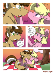 Size: 2543x3496 | Tagged: safe, artist:rosexknight, imported from derpibooru, oc, oc:short fry, oc:whip up, earth pony, pony, unicorn, comic:cherry bomb, chubby, comic, cuddling, dialogue, kissing, outdoors, picnic blanket, speech bubble, tree, whort