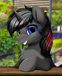 Size: 1446x1764 | Tagged: safe, artist:pridark, imported from derpibooru, oc, oc only, pony, unicorn, bust, chest fluff, commission, cute, handsome, heterochromia, looking at you, male, portrait, smiling, solo