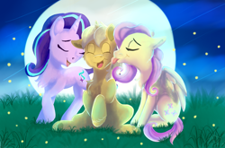 Size: 3481x2300 | Tagged: safe, artist:ryla, imported from derpibooru, fluttershy, starlight glimmer, oc, oc:sunlight bolt, pegasus, pony, unicorn, canon x oc, female, glimmbolt, licking, love, male, mare, moon, night, shipping, stallion, tongue out