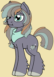 Size: 612x860 | Tagged: safe, artist:rosefang16, imported from derpibooru, oc, oc only, oc:stalagmite apple, earth pony, pony, :t, bandana, colt, hoof fluff, male, offspring, parent:big macintosh, parent:marble pie, parents:marblemac, simple background, solo, yellow background