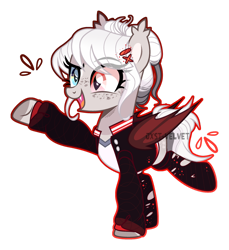 Size: 1280x1396 | Tagged: safe, artist:jxstvelvet, artist:lazuli, artist:mint-light, imported from derpibooru, oc, oc only, oc:red velvet, oc:red velvet (jxstvelvet), bat pony, pony, base used, clothes, eye clipping through hair, female, freckles, heterochromia, jacket, mare, obtrusive watermark, open mouth, raised hoof, raised leg, simple background, smiling, solo, transparent background, varsity jacket, watermark