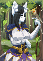 Size: 2480x3508 | Tagged: safe, artist:etiv, imported from derpibooru, oc, oc only, oc:lodey darkshine, anthro, bird, cockatiel, earth pony, anthro oc, clothes, ear fluff, ear piercing, female, mare, nature, piercing, ych result