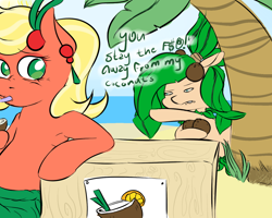 Size: 1280x1024 | Tagged: dead source, safe, artist:icapon, imported from derpibooru, oc, oc only, oc:bahama nectar, oc:sandy cocopine, earth pony, pony, angry, beach, bipedal, bipedal leaning, censored vulgarity, coconut, coconut cup, coconut drink, dialogue, drink, duo, ear piercing, female, floppy ears, food, grawlixes, hair accessory, leaning, looking back, mare, mature, ocean, palm tree, picture, piercing, sand, sarong, tree, vulgar, water