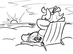 Size: 843x630 | Tagged: safe, artist:jargon scott, imported from derpibooru, oc, oc only, oc:bahama nectar, earth pony, pony, arm behind head, beach, beach chair, black and white, chair, female, grayscale, hair accessory, lounging, mare, monochrome, sand, sarong, solo, sun, sunset, water