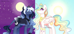 Size: 1280x587 | Tagged: safe, artist:jxstvelvet, imported from derpibooru, princess celestia, princess luna, alicorn, pony, alternate design, duo, female, moon, royal sisters, siblings, sisters, sun