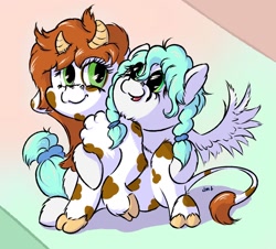 Size: 1280x1156 | Tagged: safe, artist:daisyminttea, imported from derpibooru, oc, oc only, oc:dinty gadget, oc:glassy sky, cow, pegasus, pony, cow oc, female, females only, horns, hug, mare, pegasus oc, simple background, sketch, wings