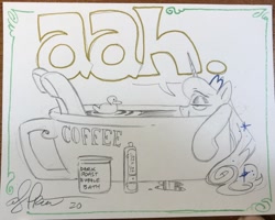 Size: 2048x1642 | Tagged: safe, artist:andypriceart, imported from derpibooru, princess luna, alicorn, pony, bath, bathtub, coffee, luna found the coffee, relaxing, rubber duck, solo, traditional art