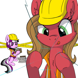 Size: 800x800 | Tagged: safe, artist:zoarvek, imported from derpibooru, oc, oc:ace, oc:pun, earth pony, pony, ask pun, ask, female, fourth wall, hard hat, mare