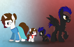 Size: 2746x1750 | Tagged: safe, artist:dyonys, imported from derpibooru, oc, oc:diamond cave, oc:dragon fly, oc:dragonfly, pegasus, pony, unicorn, age progression, burned, female, male, mare, scar, self ponidox, siblings, stallion