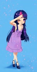 Size: 2153x4162 | Tagged: safe, artist:sorasku, imported from derpibooru, twilight sparkle, human, anime, anime style, blue background, clothes, cute, dress, humanized, simple background, solo, twiabetes