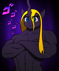 Size: 1500x1807 | Tagged: safe, artist:ob2908, imported from derpibooru, oc, oc only, oc:zalolza, anthro, changeling, jojo reference, jojo's bizarre adventure, menacing, muscles, solo, yellow changeling, ゴ ゴ ゴ