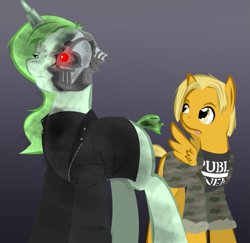 Size: 735x714 | Tagged: safe, artist:askmerriweatherauthor, imported from derpibooru, oc, oc:meadow lark (ask merriweather), oc:merriweather, pegasus, pony, unicorn, ask merriweather, crossover, female, mare, terminator 2, the terminator