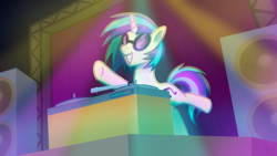 Size: 1920x1080 | Tagged: safe, artist:whitequartztheartist, imported from derpibooru, dj pon-3, vinyl scratch, pony, unicorn, female, light show, mare, party, solo, stage