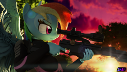 Size: 3840x2160 | Tagged: safe, artist:shadowboltsfm, imported from derpibooru, rainbow dash, anthro, pegasus, plantigrade anthro, 3d, 4k, badass, black nail polish, blender, bodysuit, breasts, clothes, eyelashes, gun, lens flare, nail polish, rifle, sniper rifle, sunset, weapon, wings