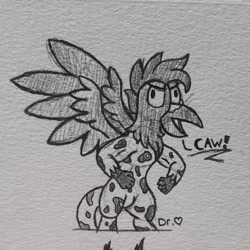 Size: 2229x2229 | Tagged: safe, artist:drheartdoodles, imported from derpibooru, oc, oc only, oc:helios, griffon, angry, caw, flexing, solo, spread wings, standing, traditional art, wings