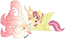 Size: 900x548 | Tagged: safe, artist:blackbloodstone, artist:princess-kitsune-tsu, artist:venomous-cookietwt, imported from derpibooru, oc, oc only, oc:matt, oc:solana, hybrid, pegasus, pony, base used, blushing, cuddling, female, horn, horns, interspecies offspring, long horn, lying down, male, multiple tails, oc x oc, offspring, parent:big macintosh, parent:discord, parent:fluttershy, parent:princess celestia, parents:dislestia, parents:fluttermac, prone, shipping, signature, simple background, transparent background