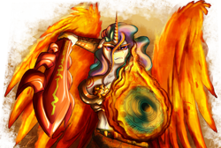 Size: 1500x1008 | Tagged: safe, artist:jamescorck, imported from derpibooru, princess celestia, anthro, amaterasu, fire, okami, shield, simple background, solo, sword, transparent background, weapon