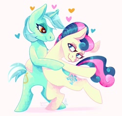 Size: 1280x1212 | Tagged: safe, artist:victoriahwinter, imported from derpibooru, bon bon, lyra heartstrings, sweetie drops, earth pony, unicorn, the last problem, alternate hairstyle, bipedal, dancing, duo, female, floating heart, heart, heart eyes, lesbian, lidded eyes, looking at each other, lyrabon, older bon bon, older lyra heartstrings, shipping, simple background, solo, standing, standing on one leg, wingding eyes