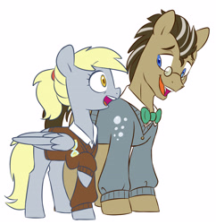 Size: 3738x3865 | Tagged: safe, artist:chub-wub, imported from derpibooru, derpy hooves, doctor whooves, time turner, earth pony, pegasus, pony, alternate hairstyle, bowtie, clothes, doctorderpy, duo, female, glasses, male, older, older derpy hooves, open mouth, raised hoof, shipping, shirt, simple background, straight, sweater, sweater vest, vest, white background