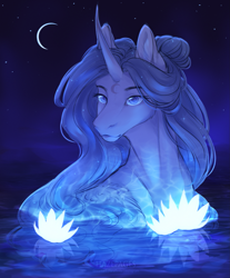 Size: 1653x2000 | Tagged: safe, artist:hazepages, imported from derpibooru, oc, oc only, pony, unicorn, glowing flower, moon, night, night sky, sky, solo, stars, water