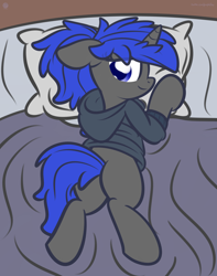 Size: 2560x3250 | Tagged: safe, artist:kimjoman, artist:php142, artist:purpleflix, imported from derpibooru, oc, oc:dream vezpyre, oc:dream², pony, unicorn, bed, butt, clothes, hoodie, pillow, plot, ponytail, solo