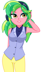 Size: 806x1388 | Tagged: safe, artist:rosemile mulberry, imported from derpibooru, lemon zest, equestria girls, alternate clothes, alternate costumes, alternate hairstyle, clothes, cute, eyeshadow, female, hand on head, headphones, makeup, pants, raised eyebrow, simple background, solo, transparent hair, vest, white background, zestabetes