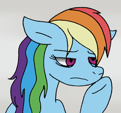 Size: 618x579 | Tagged: safe, artist:cmara, imported from derpibooru, rainbow dash, pegasus, pony, bags under eyes, exhausted, female, gray background, mare, raised hoof, simple background, solo