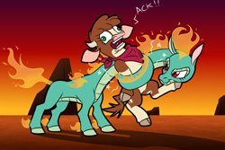 Size: 1800x1200 | Tagged: safe, artist:redahfuhrerking, imported from derpibooru, arizona cow, tianhuo, cow, dragon, hybrid, longma, rokurokubi, them's fightin' herds, are you frustrated?, arizona (tfh), arizona is not amused, bandana, cloven hooves, coiling, community related, constriction, derp, duo, female, long neck, meme, prehensile neck, squeezing, tianhuo (tfh)