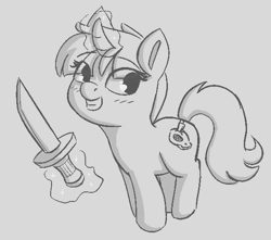 Size: 578x510 | Tagged: safe, artist:heretichesh, imported from derpibooru, pony, unicorn, blushing, dagger, female, filly, grin, knife, magic, magic aura, monochrome, skull, smiling, solo, suspicious, weapon