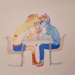 Size: 1080x1080 | Tagged: safe, artist:artiststr, imported from derpibooru, applejack, rainbow dash, human, equestria girls, appleblitz (straight), appledash, belt, blonde, blushing, boop, chair, chocolate, clothes, female, food, half r63 shipping, hat, hoodie, implied kissing, lesbian, male, milkshake, noseboop, pants, rainbow blitz, rule 63, sharing a drink, shipping, shirt, shoes, skirt, straight, straw, table, traditional art