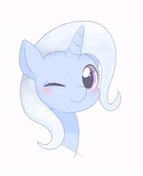 Size: 1569x1920 | Tagged: dead source, safe, artist:arrow__root, artist:ginmaruxx, imported from derpibooru, trixie, pony, unicorn, blushing, bust, cute, diatrixes, female, looking at you, mare, one eye closed, portrait, simple background, smiling, solo, weapons-grade cute, white background, wink