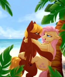 Size: 2550x3000 | Tagged: safe, artist:evlass, imported from derpibooru, fluttershy, oc, oc:soul harmony, pegasus, pony, against tree, beach, bedroom eyes, canon x oc, commission, cute, female, high res, looking at each other, male, ocean, palm tree, romantic, sailboat, sex on the beach, shipping, soulshy, straight, tree