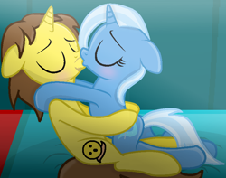 Size: 776x610 | Tagged: safe, alternate version, artist:grapefruitface1, artist:ukulelemoon, imported from derpibooru, trixie, oc, oc:grapefruit face, pony, base used, bed, bedroom, canon x oc, curtains, female, grapexie, kissing, male, self insert, shipping, show accurate, straight