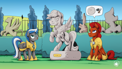 Size: 2560x1440 | Tagged: safe, artist:mysticalpha, imported from derpibooru, oc, oc only, oc:captain sunride, oc:cloud zapper, pegasus, pony, armor, canterlot gardens, male, pegasus oc, royal guard, royal guard armor, stallion, statue, wings