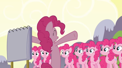 Size: 1366x768 | Tagged: safe, imported from derpibooru, screencap, pinkie pie, earth pony, pony, too many pinkie pies, bipedal, clone, clones, hooves up, pinkie pie clones, sketch pad, solo