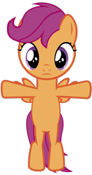 Size: 1000x1896 | Tagged: safe, artist:horses are fuckin weird, imported from derpibooru, scootaloo, pegasus, pony, bipedal, female, filly, looking at you, meme, shitposting, simple background, solo, t pose, transparent background, vector