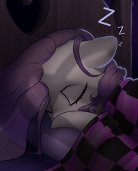 Size: 2707x3349 | Tagged: safe, artist:nookprint, imported from derpibooru, fluttershy, pegasus, pony, bed, blanket, cute, eyes closed, female, floppy ears, indoors, mare, night, onomatopoeia, pillow, purple mane, shyabetes, sleeping, solo, sound effects, stray strand, zzz