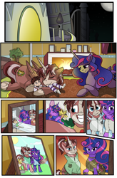 Size: 1800x2740 | Tagged: safe, artist:candyclumsy, imported from derpibooru, oc, oc:king speedy hooves, oc:queen galaxia, oc:queen galaxia (bigonionbean), oc:tommy the human, alicorn, human, pony, comic:the fusion flashback 2, alicorn oc, alicorn princess, alicornified, bandage, bed, canterlot, canterlot castle, clothes, comic, commissioner:bigonionbean, cuddling, cutie mark, eyes closed, family photo, father and child, father and son, female, fireplace, full moon, fusion, fusion:big macintosh, fusion:flash sentry, fusion:king speedy hooves, fusion:princess cadance, fusion:princess celestia, fusion:princess luna, fusion:queen galaxia, fusion:shining armor, fusion:trouble shoes, fusion:twilight sparkle, hair bun, horn, hospital bed, hugging a pony, human oc, husband and wife, iv drip, male, moon, mother and child, mother and son, nuzzling, pajamas, photos, picture frame, ponified, pony sized pony, ponytail, race swap, royal family, royalty, shrub, sleeping, wings, writer:bigonionbean