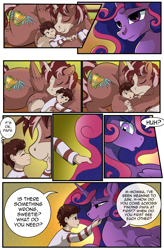 Size: 1800x2740 | Tagged: safe, artist:candyclumsy, imported from derpibooru, oc, oc:king speedy hooves, oc:queen galaxia, oc:queen galaxia (bigonionbean), oc:tommy the human, alicorn, human, pony, comic:the fusion flashback 2, alicorn oc, alicorn princess, butt, canterlot, canterlot castle, clothes, comic, commissioner:bigonionbean, cuddling, cutie mark, dialogue, ethereal mane, eyes closed, father and child, father and son, female, fireplace, fusion, fusion:big macintosh, fusion:flash sentry, fusion:king speedy hooves, fusion:princess cadance, fusion:princess celestia, fusion:princess luna, fusion:queen galaxia, fusion:shining armor, fusion:trouble shoes, fusion:twilight sparkle, horn, huge butt, hugging a pony, human oc, husband and wife, kissing, large butt, male, mother and child, mother and son, nuzzling, pajamas, pony sized pony, royalty, sleeping, unconscious, wings, worried, writer:bigonionbean