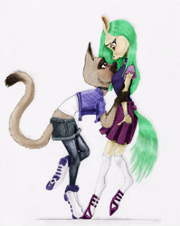 Size: 3121x3925 | Tagged: safe, artist:joestick, derpibooru exclusive, editor:vedont, imported from derpibooru, oc, anthro, cat, earth pony, pony, unguligrade anthro, amity blight, canon ship, catified, clothes, female, furry, interspecies, lesbian, lumity, luz noceda, non-mlp shipping, ponified, shipping, species swap, the owl house, witch, witch pony