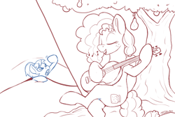 Size: 2000x1340 | Tagged: safe, artist:tsitra360, imported from derpibooru, granny smith, pear butter, earth pony, pony, between legs, granny smith is not amused, guitar, micro, musical instrument, open mouth, pear tree, pinned, pinned down, pinning somepony between your leg, pinning somepony between your leg (if they are shrunken ponys or tiny ponies), singing, sketch, tiny, tiny ponies, tree, unamused, young granny smith, younger