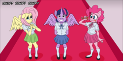 Size: 1768x875 | Tagged: safe, artist:atariboy2600, imported from derpibooru, fluttershy, pinkie pie, twilight sparkle, alicorn, anthro, earth pony, pegasus, comic:my little toyetic, :p, clothes, comic, female, hands together, horn, indoors, looking up, pencil, shoes, skirt, smiling, spread wings, talking, tongue out, twilight sparkle (alicorn), wings