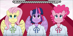 Size: 1768x875 | Tagged: safe, artist:atariboy2600, imported from derpibooru, fluttershy, pinkie pie, twilight sparkle, alicorn, anthro, earth pony, pegasus, comic:my little toyetic, burp, clothes, comic, female, horn, indoors, looking up, smiling, spread wings, twilight sparkle (alicorn), wings