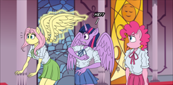 Size: 1768x875 | Tagged: safe, artist:atariboy2600, imported from derpibooru, fluttershy, pinkie pie, twilight sparkle, alicorn, anthro, earth pony, pegasus, comic:my little toyetic, :p, clothes, comic, detachable wings, female, horn, indoors, magic, modular, skirt, surprised, talking, telekinesis, tongue out, twilight sparkle (alicorn), wide eyes