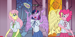 Size: 1768x875 | Tagged: safe, artist:atariboy2600, imported from derpibooru, fluttershy, pinkie pie, twilight sparkle, alicorn, anthro, earth pony, pegasus, comic:my little toyetic, clothes, comic, detachable horn, detachable wings, female, horn, indoors, looking back, looking up, magic, modular, open mouth, skirt, spread wings, surprised, talking, telekinesis, twilight sparkle (alicorn), wide eyes, wings