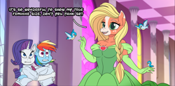 Size: 1768x875 | Tagged: safe, artist:atariboy2600, imported from derpibooru, applejack, rainbow dash, rarity, anthro, bird, earth pony, pegasus, unicorn, comic:my little toyetic, spoiler:g5, alternate hairstyle, applejack (g5 concept leak), applejack (g5), breasts, busty applejack, clothes, comic, disney font, dress, evening gloves, female, freckles, g5, g5 concept leak style, g5 concept leaks, gloves, hug, indoors, jesus christ how horrifying, lip bite, long gloves, open mouth, scared, talking, tomboy taming, transformation